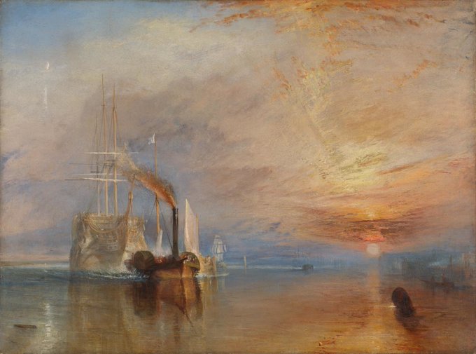 PP_Rubens's tweet photo. The Fighting Temeraire, one of great gunships of Trafalger, being towed to her last berth to be broken up in 1838. A setting sun. By J.M.W. Turner, whose day is today. https://t.co/3xSvEfNic3