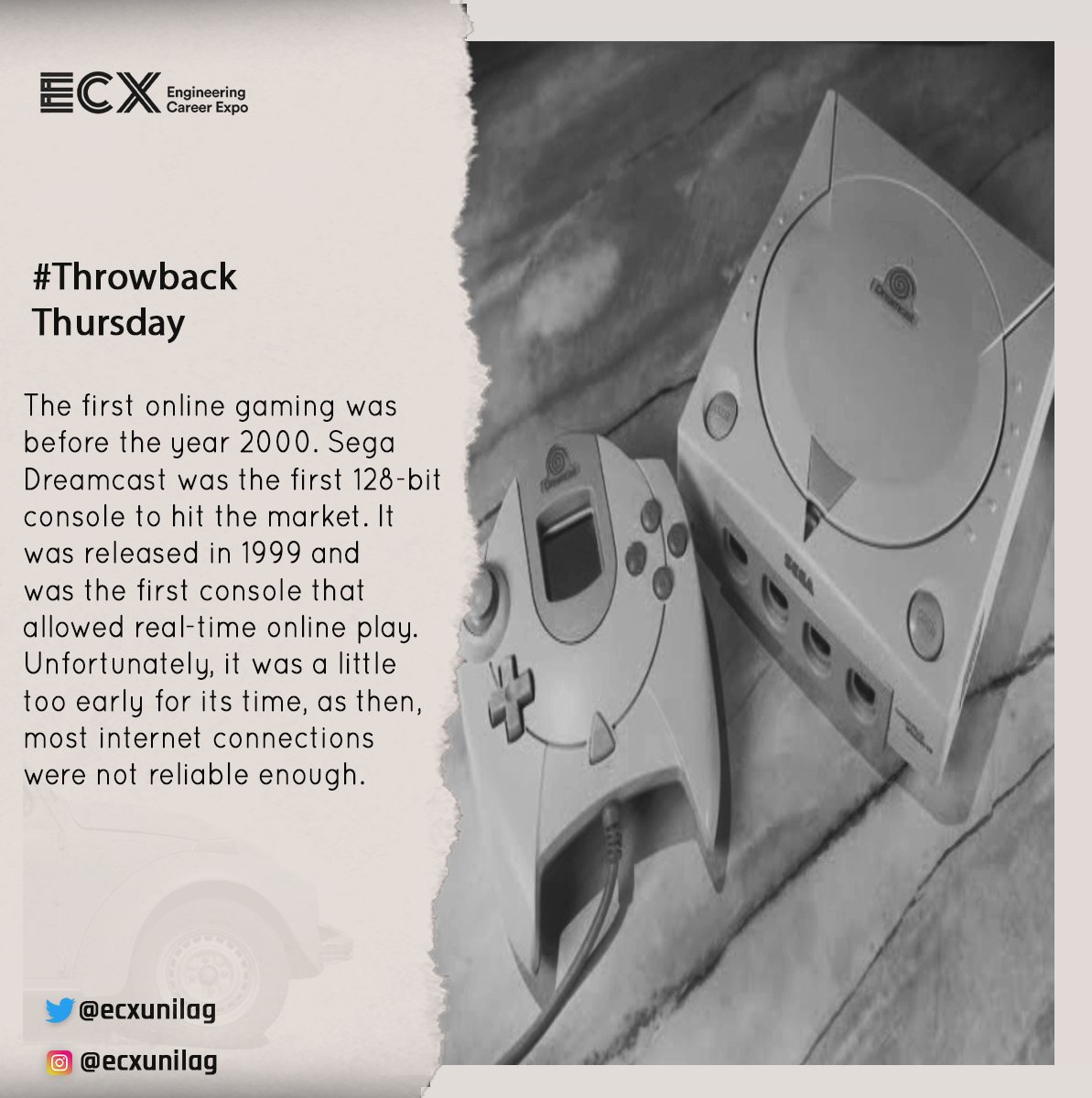 engcareerexpo's tweet photo. Did you know?
The first online game - Sega Dreamcast - was launched before the year 2000.🎮
#ecx #ThrowbackThursday #ecxThrowbackThursday
#gaming #COVID19 https://t.co/0UofuIRoxe