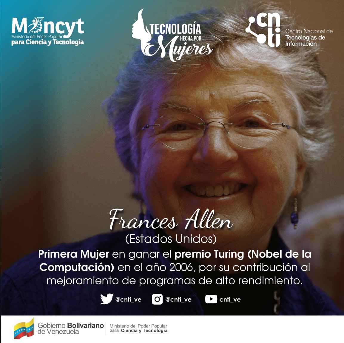 CNTI_VE's tweet photo. Ella fue la primera mujer en ganar el #PremioTuring, considerado el Nobel de la Informática.

Definitivamente una innovadora que con su trabajo permitió el estudio de los compiladores, programas encargados de traducir el código en ceros y unos para que la máquina lo entienda. https://t.co/ogkH9DrpjM