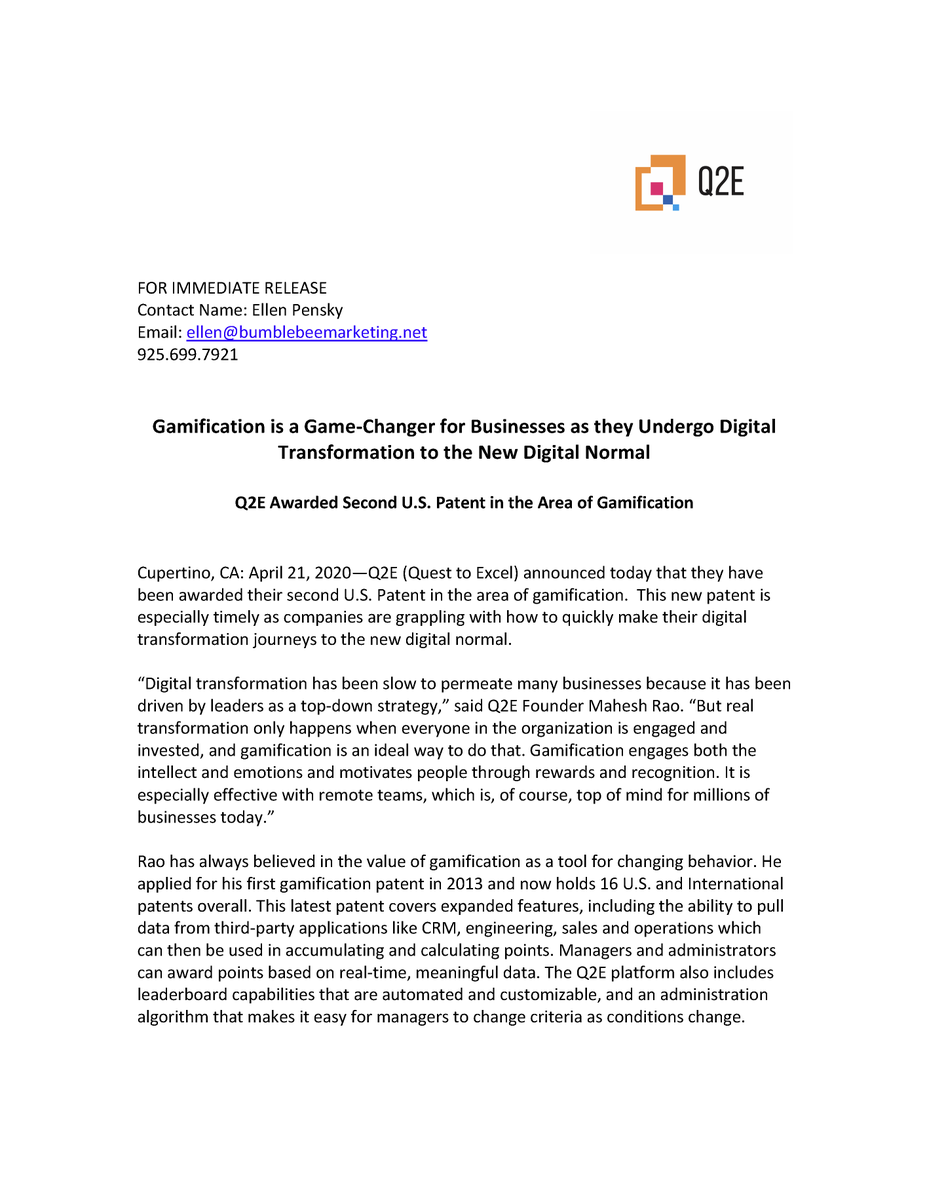 Q2Eforwork's tweet photo. Gamification is a game-changer, especially for motivating remote teams. We're excited to announce our second U.S. Patent in the area of gamification!  https://t.co/mCIiB4hmPC  #gamification #remotework #remoteteams #WorkFromHome #PressRelease https://t.co/4vJjiMYZTm