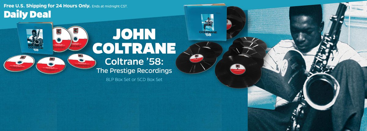 prestigejazz's tweet photo. Today’s @PopMarketMusic Daily Deal is the amazing #Coltrane58 box set (on eight 180-gram LPs or five CDs) chronicling the story session by session, featuring all 37 tracks @JohnColtrane recorded as a leader or co-leader for the Prestige Records in 1958. https://t.co/EycT89Szjo https://t.co/07vO10uYmH