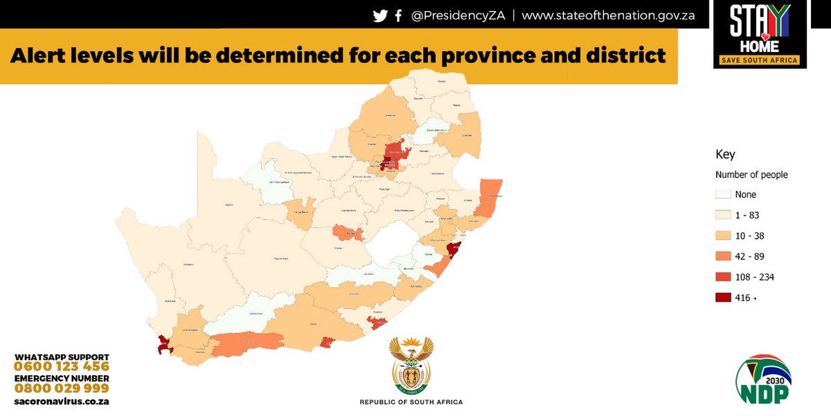 PresidencyZA's tweet photo. Because Covid-19 confirmed case numbers &amp; rates of infection differ across the country, alert levels will be determined at the provincial, and in some cases, the district level once the full nationwide lockdown ends. #COVID19 #CoronaVirusSA https://t.co/yuPEOQNi1V