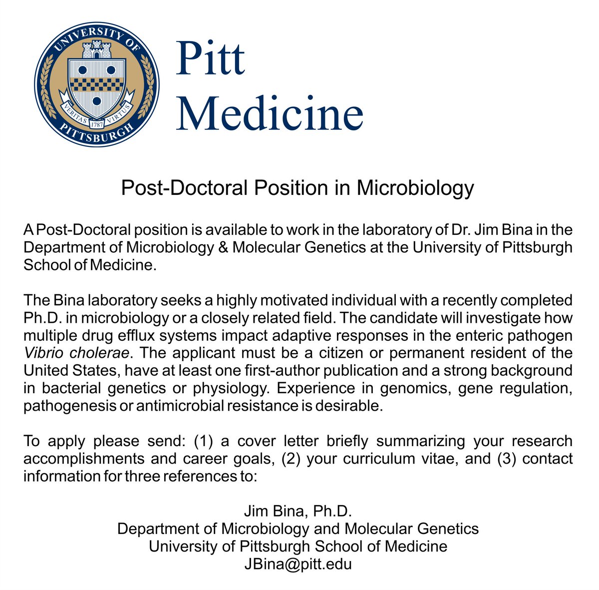 A #postdoc position is available in the Bina lab <a href="/PittHealthSci/">Pitt Health Sciences</a> for those interested in environmental adaptation and gene regulation in gram negative bacteria. Please RT!