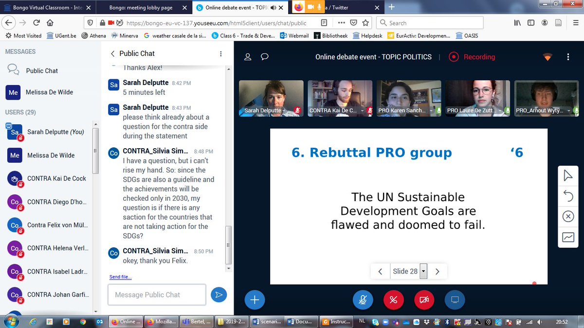 So this has happened! Some 100 students of Political Sciences, Economics, Philosophy and Engineering of <a href="/ugent/">UGent</a> have participated in 16 online Oxford Style Debates on Sustainability this evening. I've been moderating the Politics session and I am left impressed. Very well done!