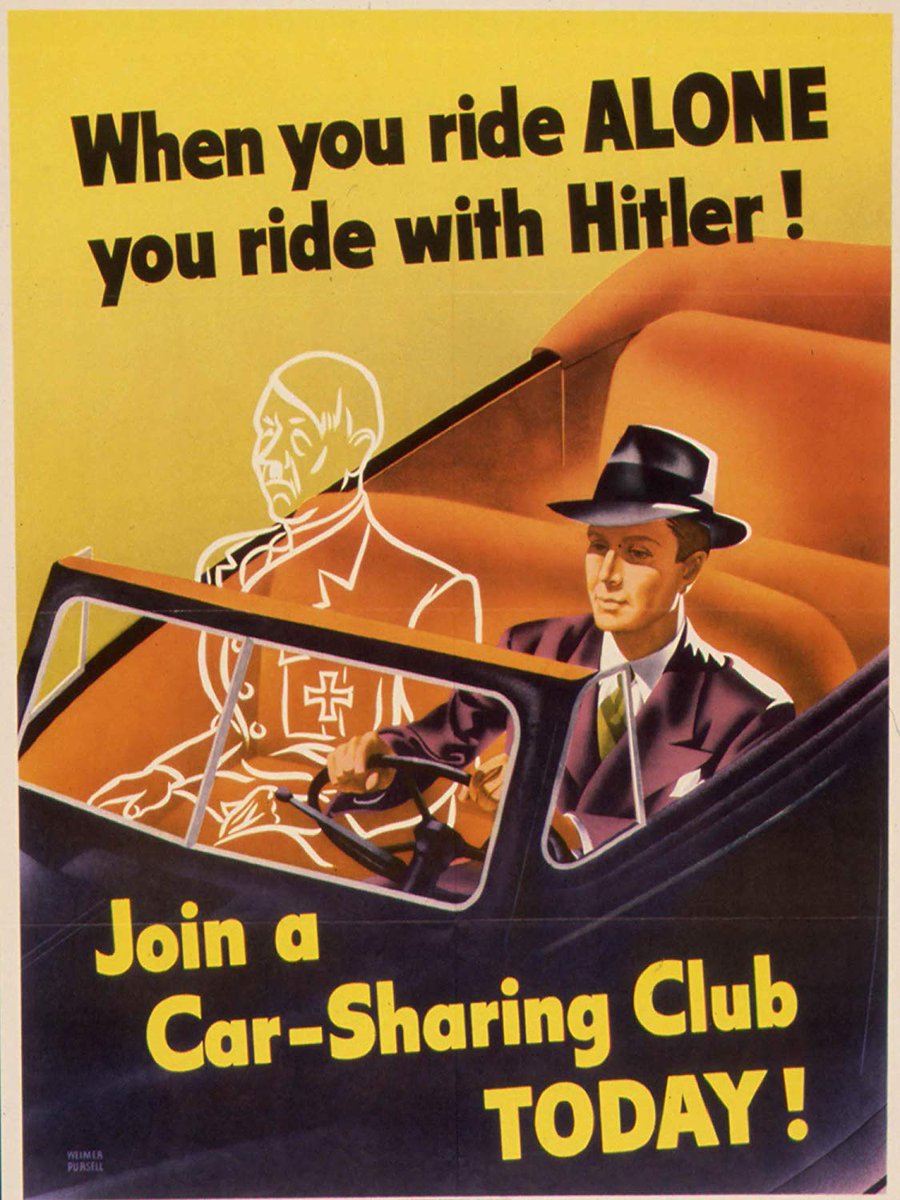 RealTimeWWII's tweet photo. Americans are being encouraged to drive at the national "Victory Speed" (35mph) &amp; join a car sharing club to save rubber- because "When You Ride Alone, You Ride with Hitler." https://t.co/TuVKKFiViR