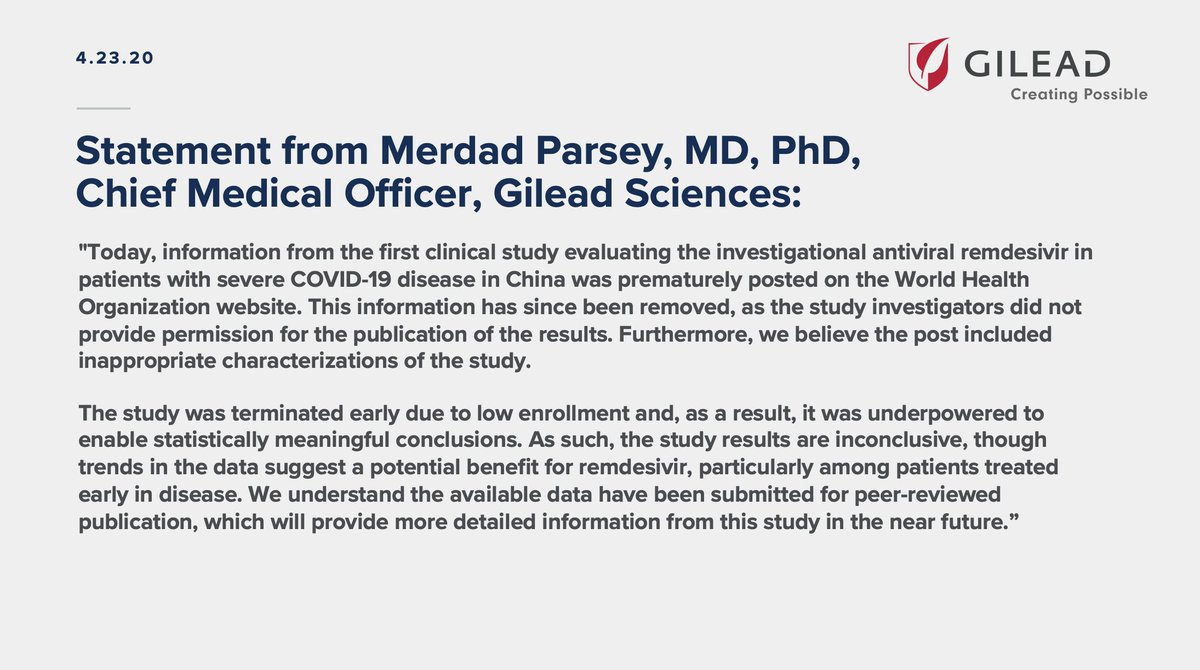 Gilead statement on data from study in patients with severe COVID-19 in China: bit.ly/3avaBLK.