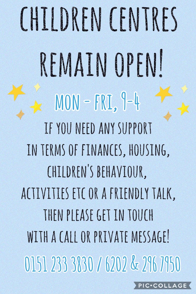 ⭐️ PLEASE RETWEET! ⭐️

Our 3 Children Centres remain OPEN to support families through these strange times. We can offer a variety of support and would be very grateful if you could please retweet this so that anyone needing support can find it!