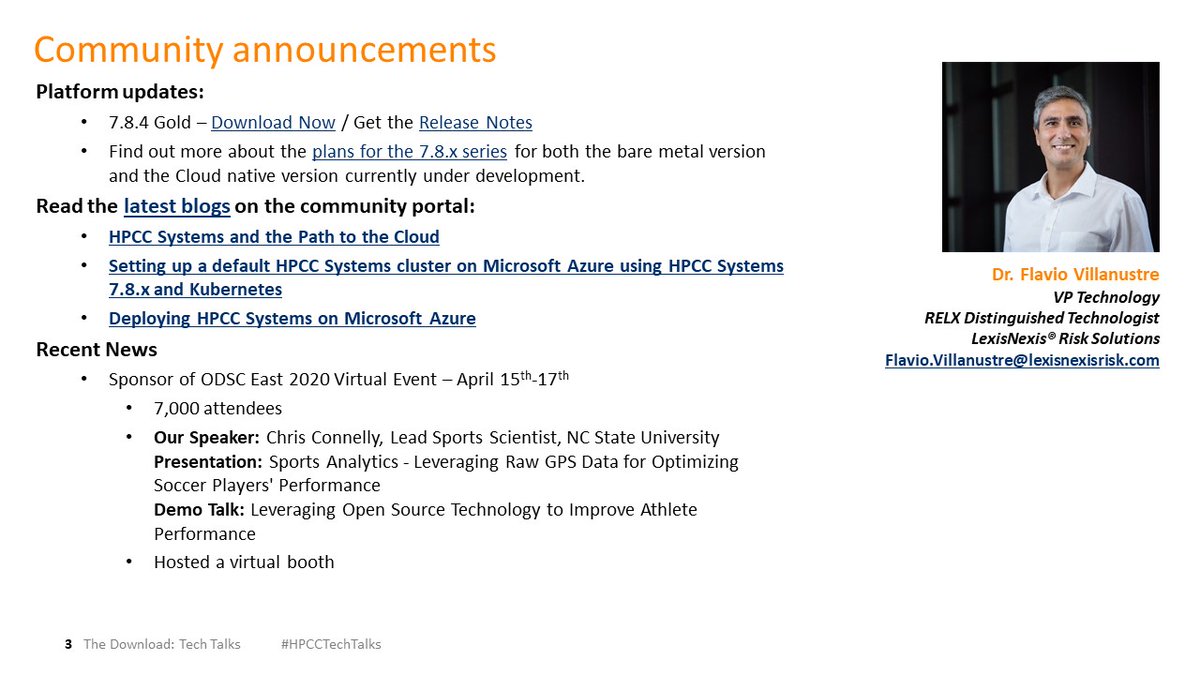 hpccsystems's tweet photo. We're starting #HPCCTechTalks with some important announcements from our VP of Technology, Flavio Villanustre. https://t.co/zAoCUTbQPs https://t.co/PXaCWymjpo