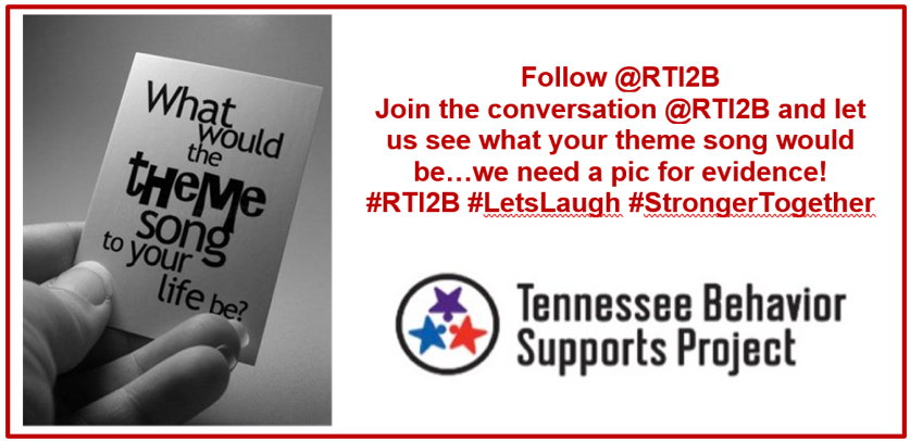 WestTNMTSS's tweet photo. The gateway to the weekend! Keep the laughter flowing @RTI2B! If you had a theme song about your life in quarantine, what would it be? Tell us & post a pic to support. Be creative & have fun! #RTI2Bchat #LetsLaugh #StrongerTogether @TBSPVanderbilt @TBSPEast https://t.co/Z54g8WXxJg