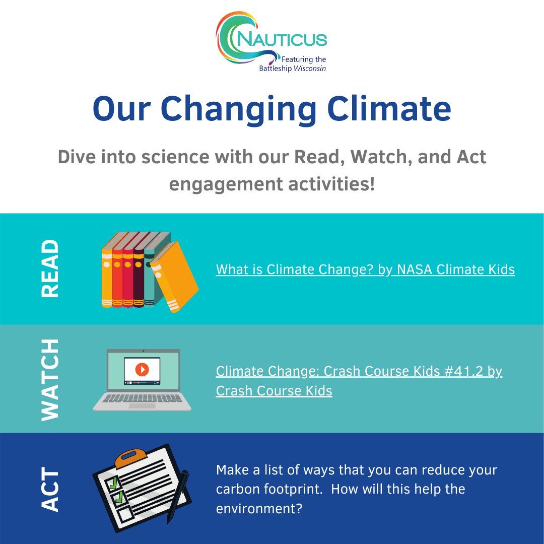 NauticusNorfolk's tweet photo. Today's Virtual Adventure: We're calling on YOU to Read, Watch, and Act!

Read: https://t.co/LPDMA5MQpG
Watch: https://t.co/h5WuQjVyIZ 
Act:  Make a list of ways that you can reduce your carbon footprint. How will this help the environment? 🌍 https://t.co/v8fsEBnAKH