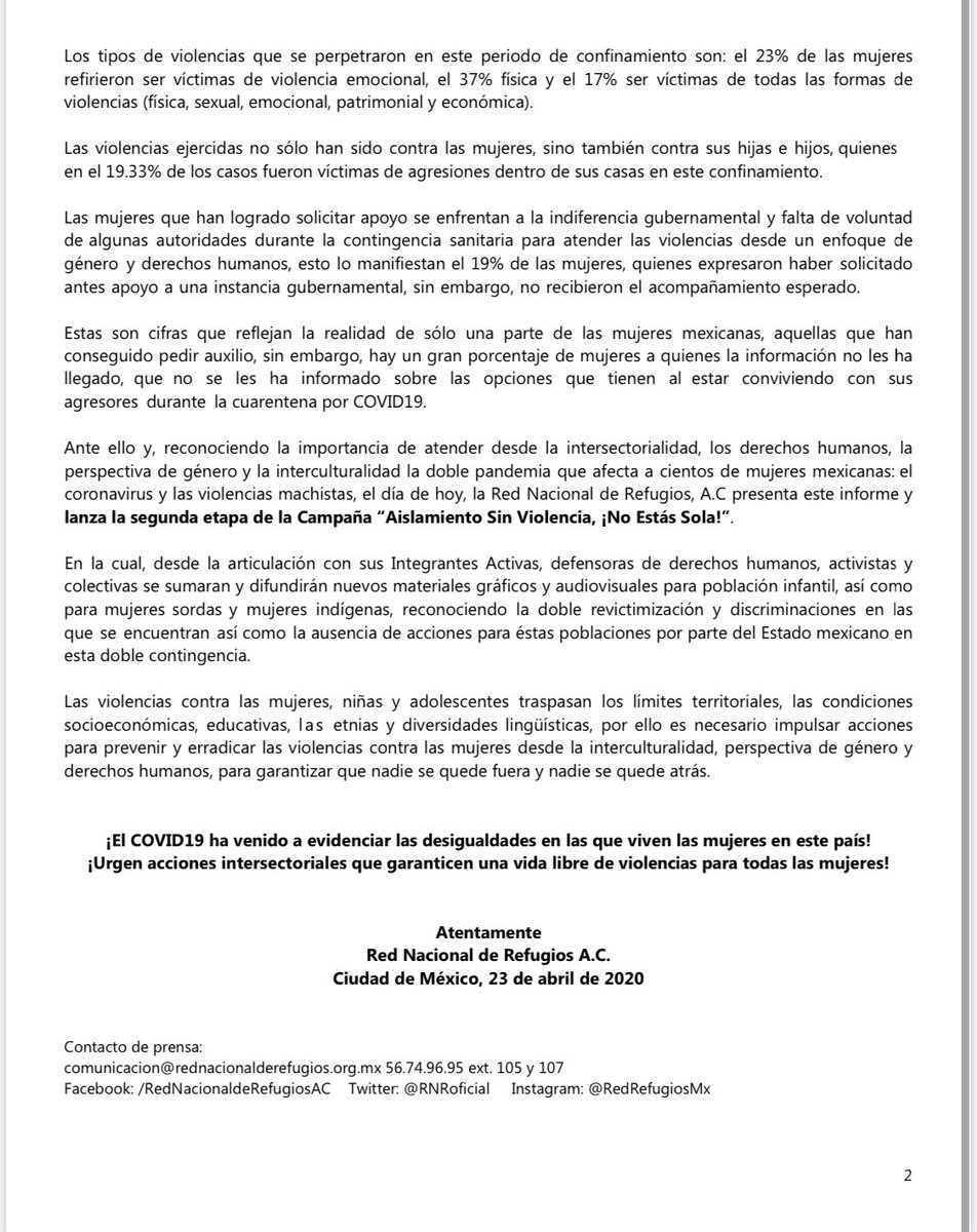 RNRoficial's tweet photo. A un mes de lanzar la campaña “#AislamientoSinViolencia #NoEstásSola”, hemos atendido a 2,633 personas a causa del machismo.

Continuamos creando acciones desde la perspectiva de género, DDHH e Interculturalidad 

Aquí nuestro COMUNICADO👇

https://t.co/UqTmT5gunJ https://t.co/xSQjMWyYMk