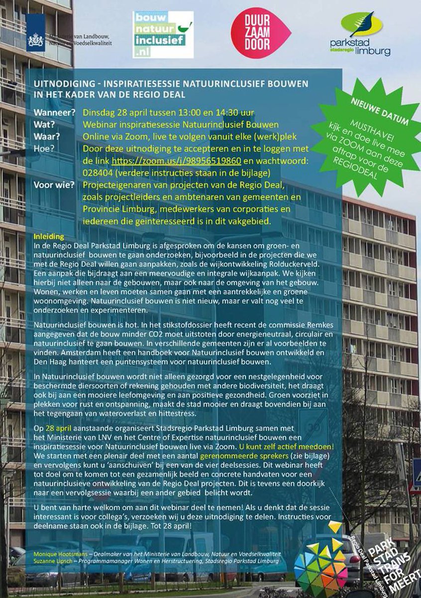 28 april: Inspiratiesessie Natuurinclusief Bouwen Parkstad Limburg (Webinar). #DuurzaamDoor