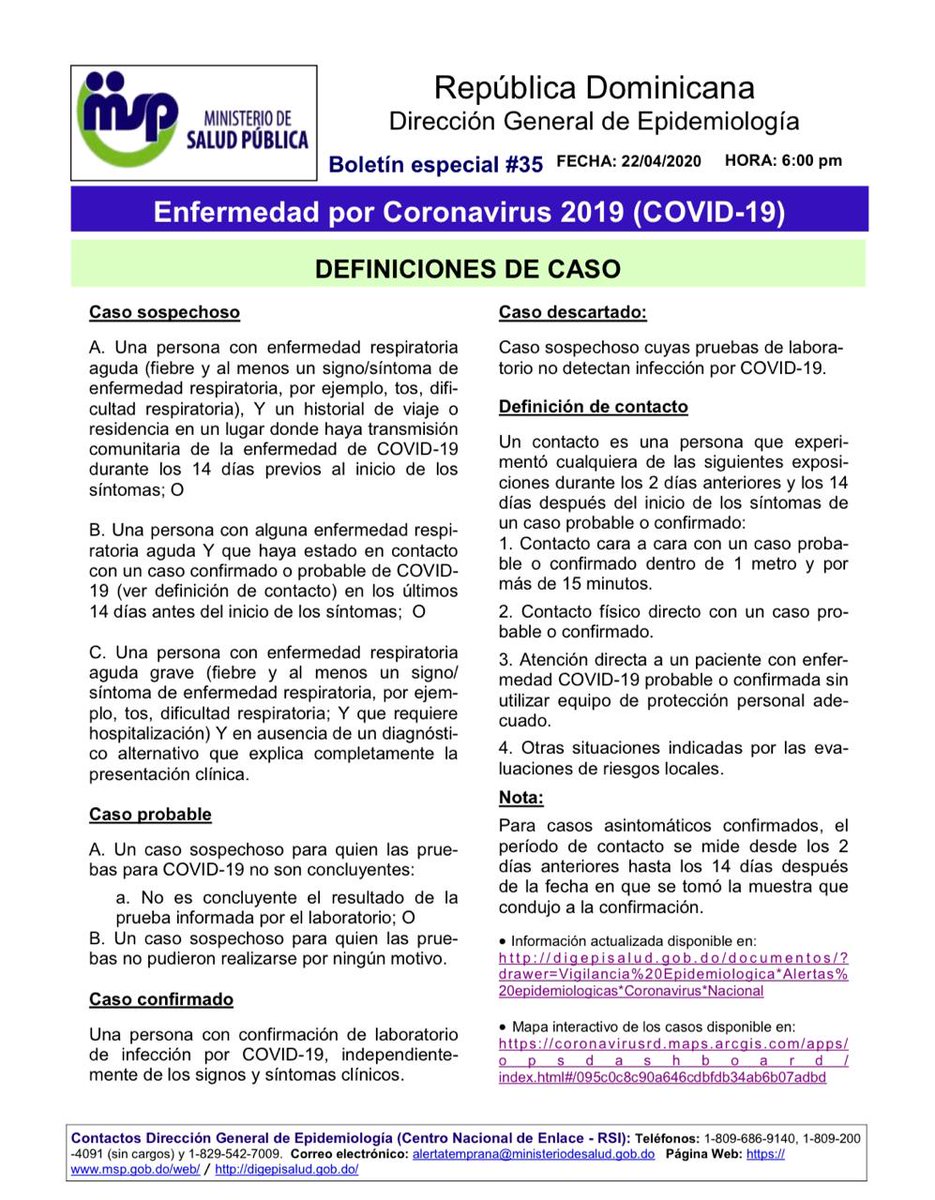SaludPublicaRD's tweet photo. Boletín Especial Epidemiológico #35 | Enfermedad por #coronavirusrd (COVID-19). | 22/04/2020 https://t.co/nA9oPccqbk