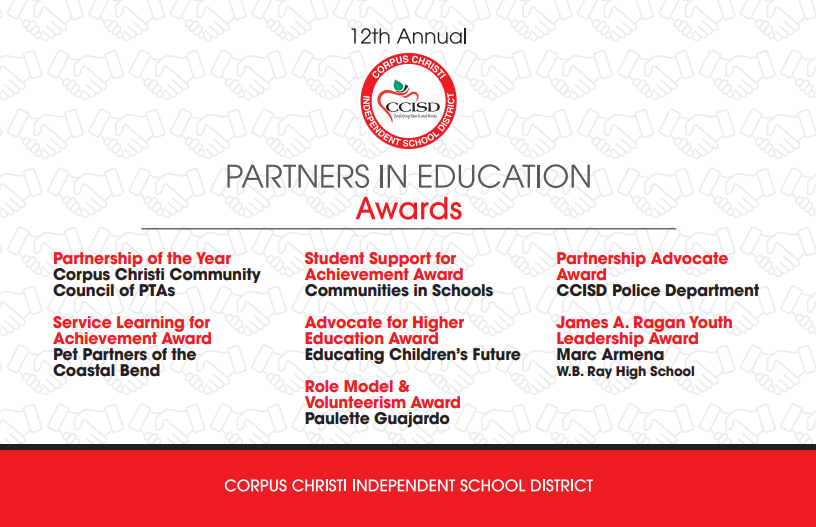 CCISD's tweet photo. Congratulations to our 12th Annual Partners in Education (formerly iAchieve) award recipients! Thank you for everything you do for our students. #CCISDproud https://t.co/qyCAAKDylQ