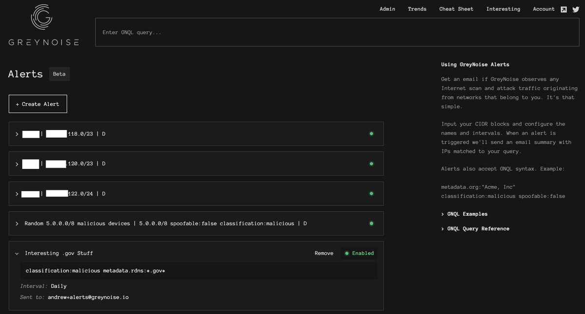 GreyNoiseIO's tweet image. Announcing GreyNoise Alerts. Create a free account, enter the IP ranges that belong to your organization. If GreyNoise observes any devices within those ranges become compromised or start scanning the Internet, we send you an email. This beta feature is available to all users now