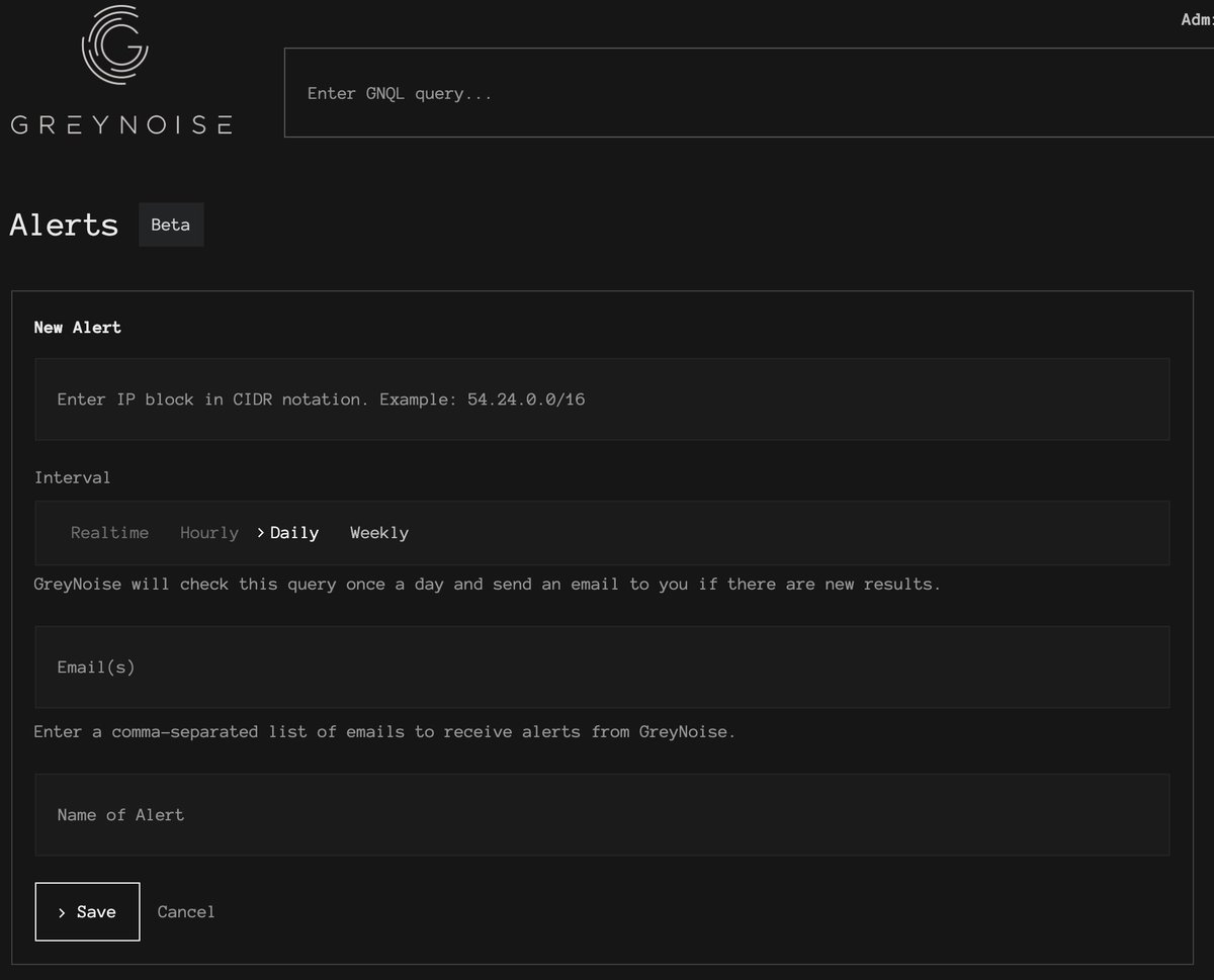 GreyNoiseIO's tweet image. Announcing GreyNoise Alerts. Create a free account, enter the IP ranges that belong to your organization. If GreyNoise observes any devices within those ranges become compromised or start scanning the Internet, we send you an email. This beta feature is available to all users now