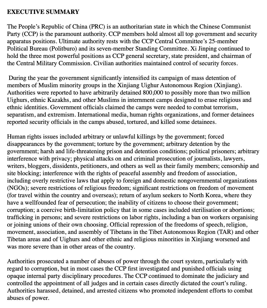 First: China is a brutal authoritarian state. See below for a brief charge sheet. Additionally, most workers face an appalling lack of rights & protections, & trade unions are illegal. Incredible anyone who regards themselves as left wing supports the CCP, but there we are. 2/20