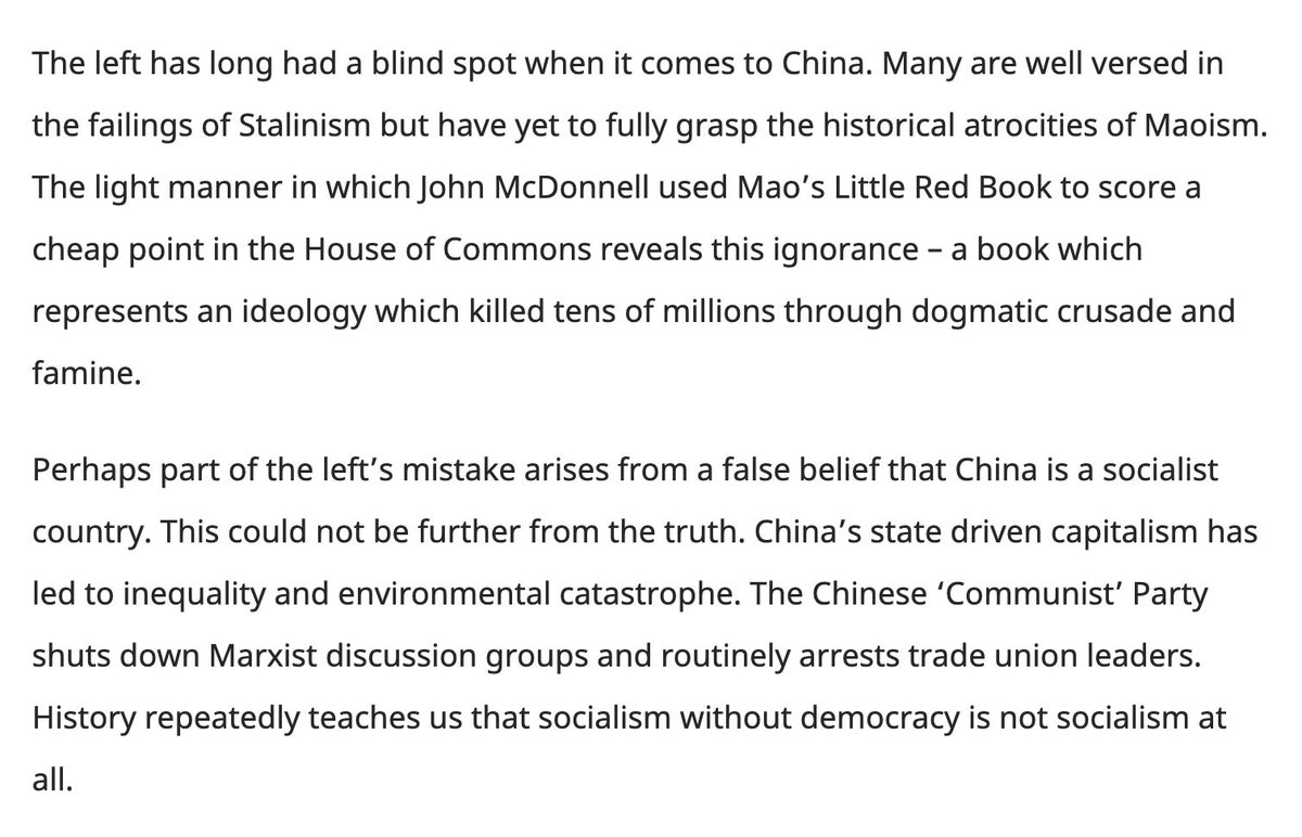 As British-Chinese writer Xiao Hua notes in  @LabourList, many on the left are well versed in the atrocities of Stalinism, but not of Maoism (see vid). But whole some don’t grasp the extent of the CCP’s HR violations, others give them little prominence 9/20 