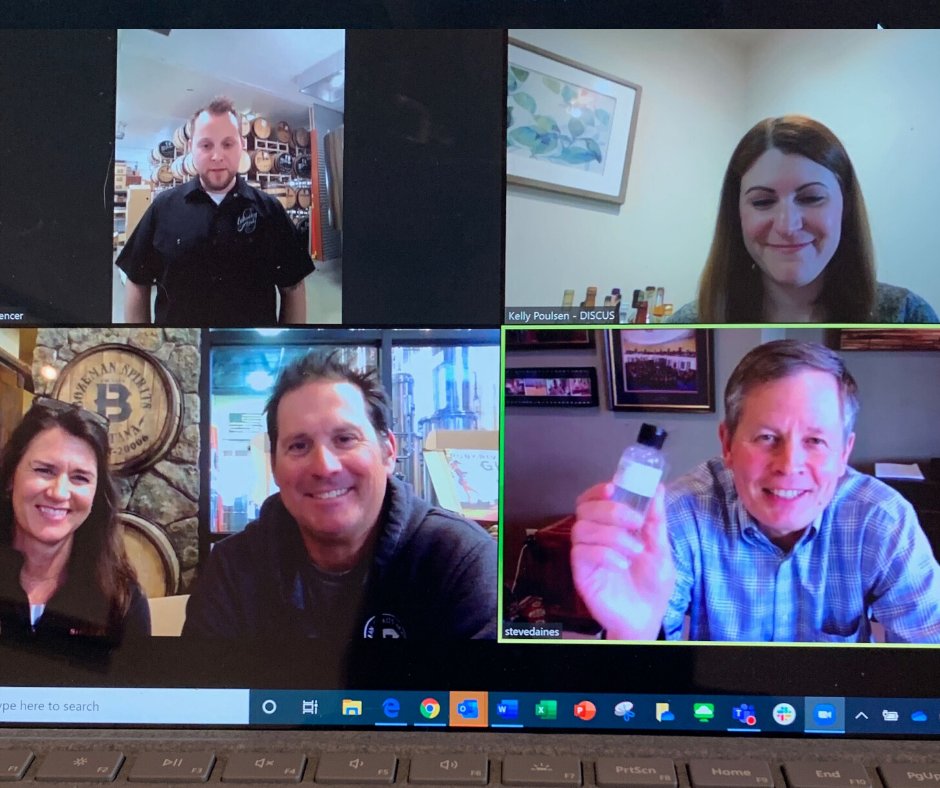 DistilledSpirit's tweet photo. Thank you Sen. @SteveDaines for joining DISCUS, @WhistlingAndy &amp; @BozemanSpirits for a great conversation about #Montana distillers producing hand sanitizer 🧴 and the need for FET relief! #DistillersUnited4aCause https://t.co/3EDXQKclvD