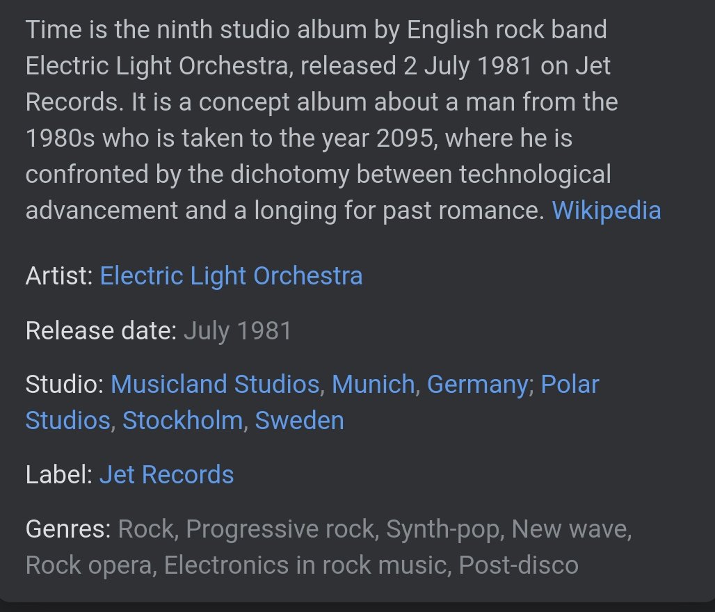 Time — Electric Light OrchestraFirst heard this used in DAICON IV but the rest of the album's a good listen too. It's got some really interesting use of vocoders and other effects for the 80's.