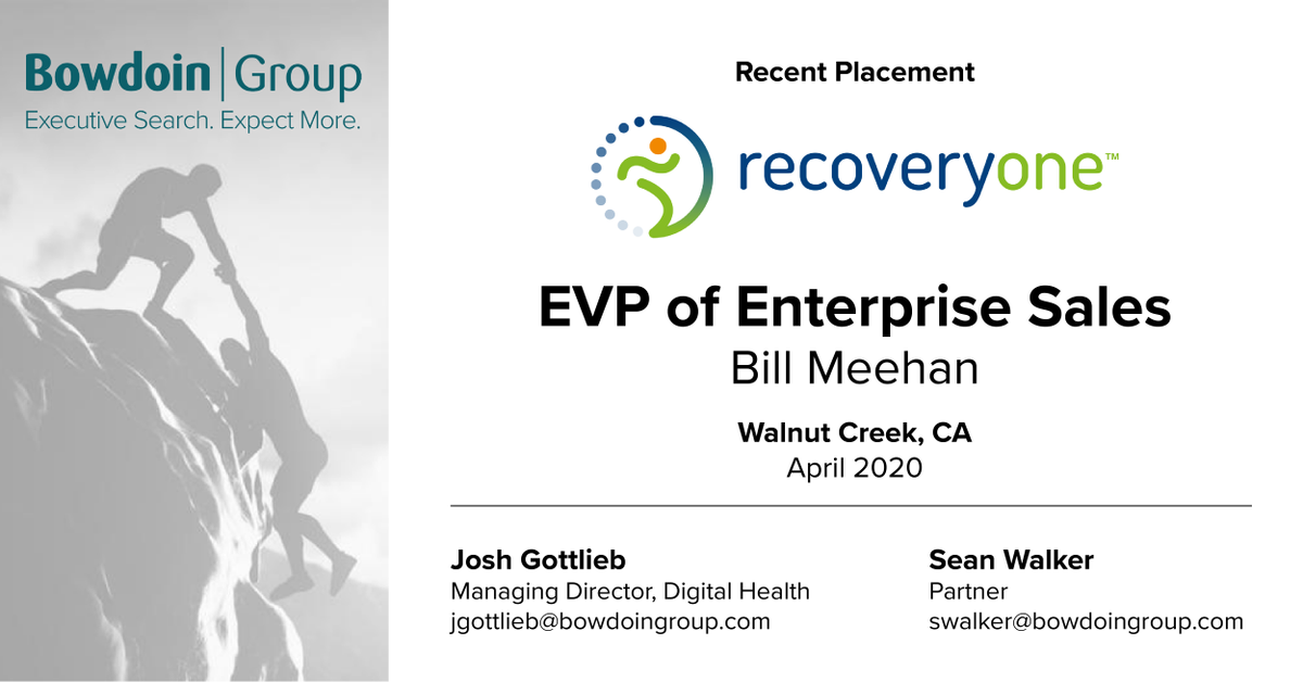 BowdoinGroup's tweet photo. Congratulations to Bill Meehan, the new Executive Vice President of Enterprise Sales at @LiveRecoveryOne! It was a pleasure working with you and the entire team at RecoveryOne! #executivesearch #innovationeconomy #digitalhealth #healthtech https://t.co/9Ugx2BtDgD https://t.co/PaIHepDEuD