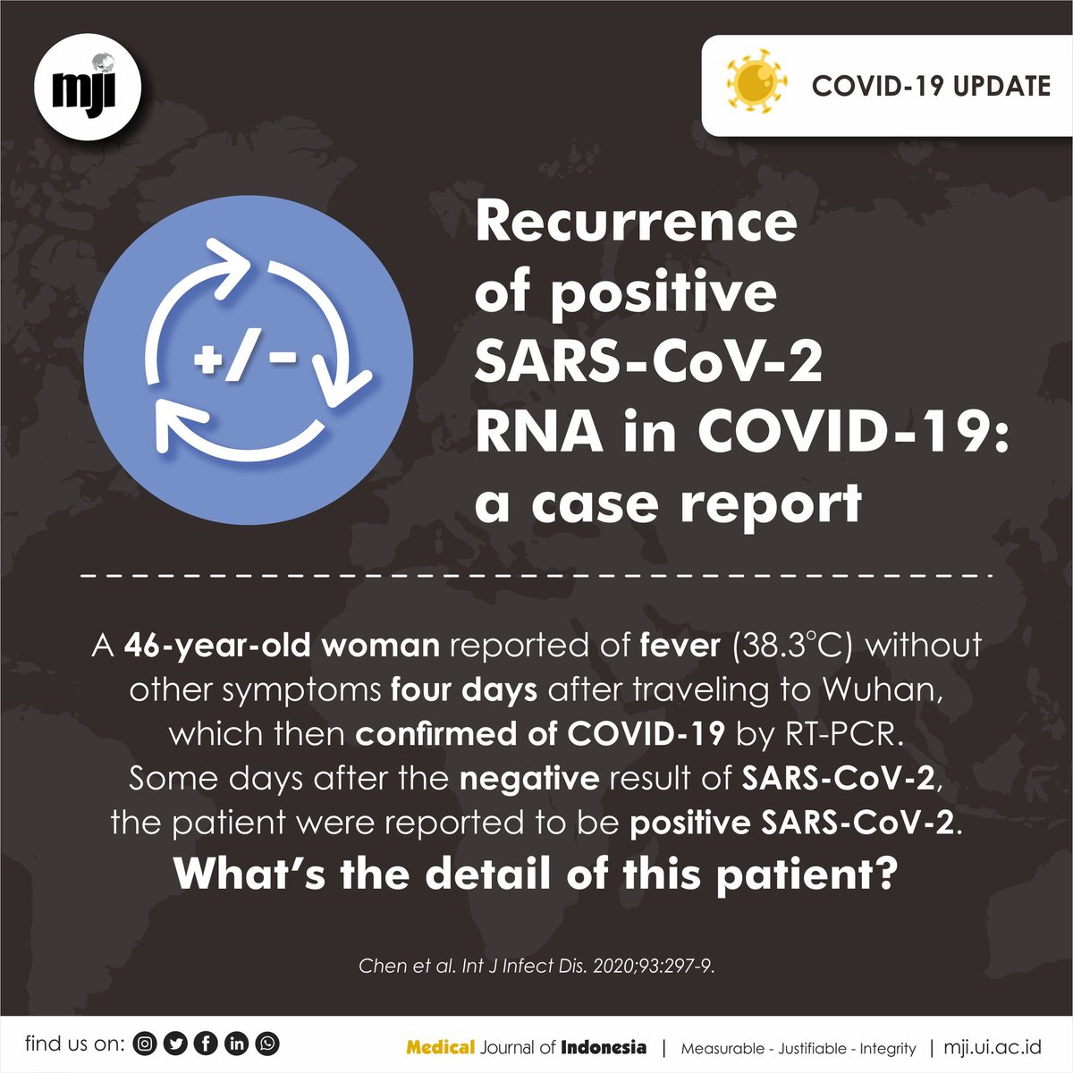 MedJIndones's tweet photo. Chen et al. reported a #confirmedcase of #COVID19 whose #oropharyngeal #swabtest of #SARSCoV2 #RNA turned positive in #convalescence. This case highlights the importance of active #surveillance of SARS-CoV-2 RNA for #infectivity #assessment.

Read more on Int J Infect Dis https://t.co/1Fo4eyKdbS