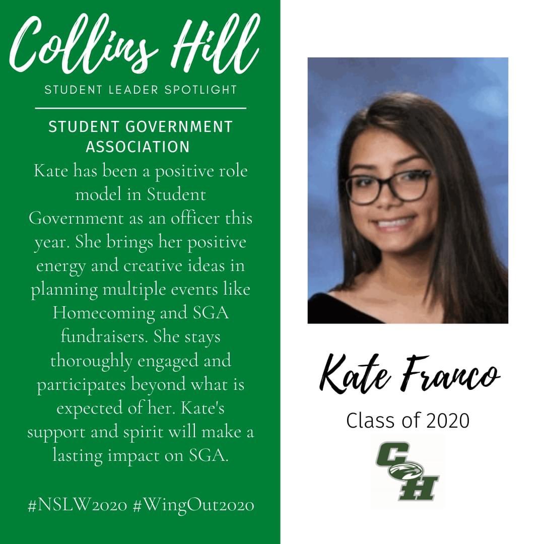 collinshill's tweet photo. For Day 4 of #NSLW2020, we are highlighting student leaders from SGA, Junior Cabinet, and the Best Buddies Club.  Congratulations and thank you for the positive impact you have on Collins Hill's culture and community.  We are proud of you, Eagles!  #WingOut2020 https://t.co/ZfK29dC05F