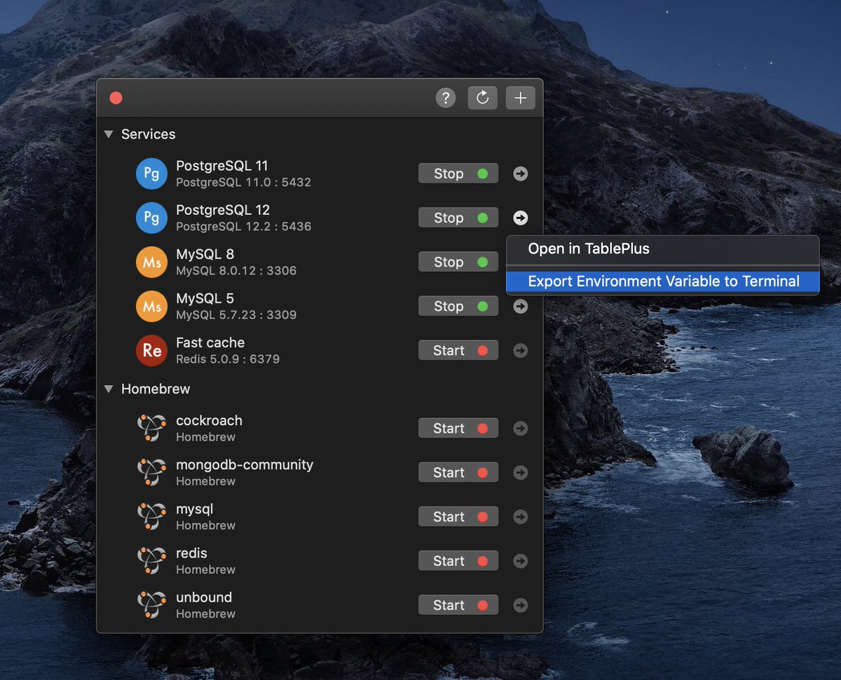 DBngin's tweet photo. DBngin (DB engine) 2020 updates:

- Added the newest PostgreSQL 12.2
- MySQL 8.0.19
- Redis 5.0.9
- You can now export environment variable to terminal.
- Create new server UI with custom port.
- Bug fixes and many improvements.
 
Free 100% 👉 https://t.co/gWRCxFsTvl https://t.co/3UhXq1G6jJ