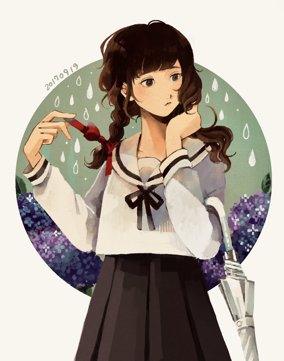 1girl solo umbrella braid school uniform skirt flower  illustration images