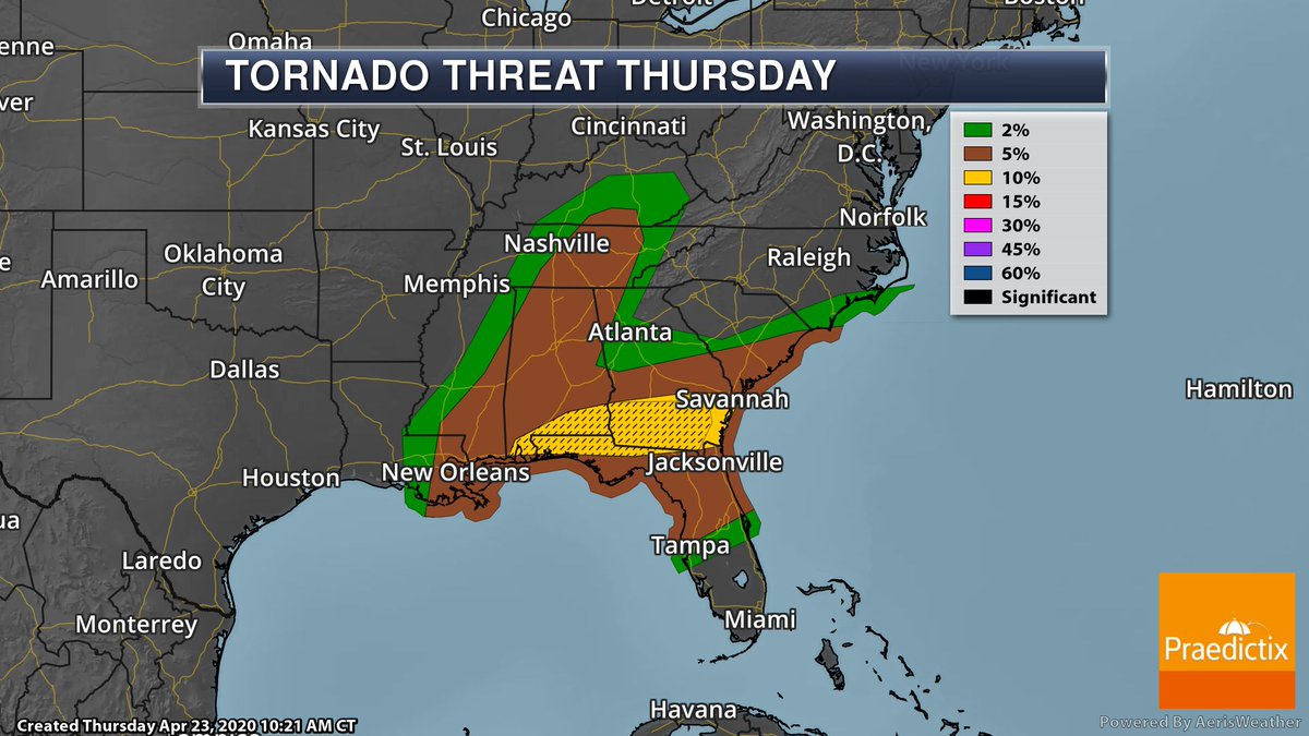 Praedictix's tweet photo. SEVERE STORM FOCUS
Modified risks of severe weather, up to ENHANCED RISK. Tornadoes, hail, damaging winds all possible Thursday.
#USAwx #SEwx #Praedictix https://t.co/U8oe0jsTXT