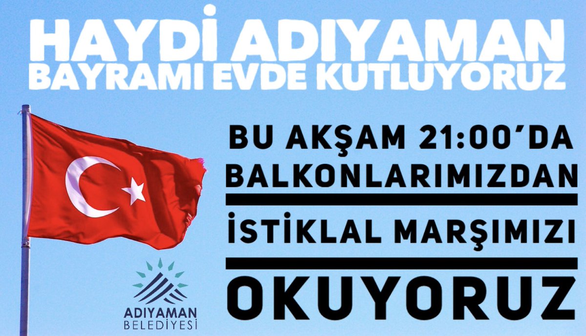 Haydi Adıyaman!!
Bu Akşam 21:00’da İstiklal Marşımızı Okumak Üzere Balkondayız 🇹🇷🇹🇷🇹🇷