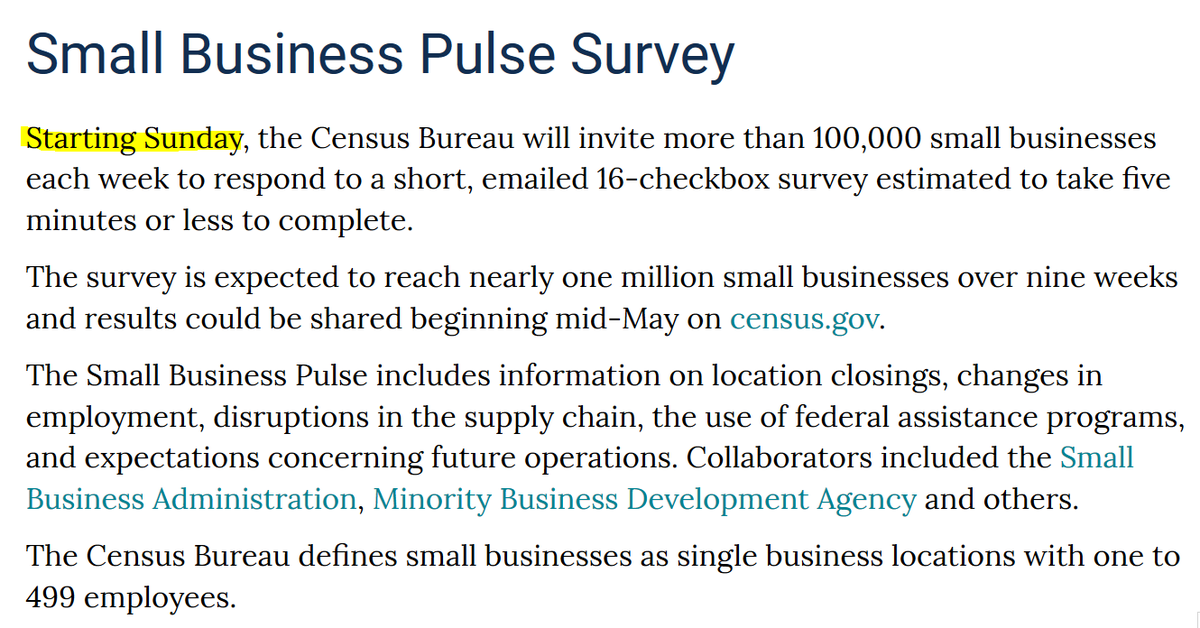 hansilowang's tweet photo. @uscensusbureau @OMBPress @jarmin_ron 8. UPDATE: The @uscensusbureau's other new experimental survey about COVID-19 -- the Small Business Pulse Survey -- starts this Sunday, April 26, according to this article on the bureau's website by Jane Callen👇
https://t.co/5A2CMhCNqI https://t.co/kzyRrcMTqF