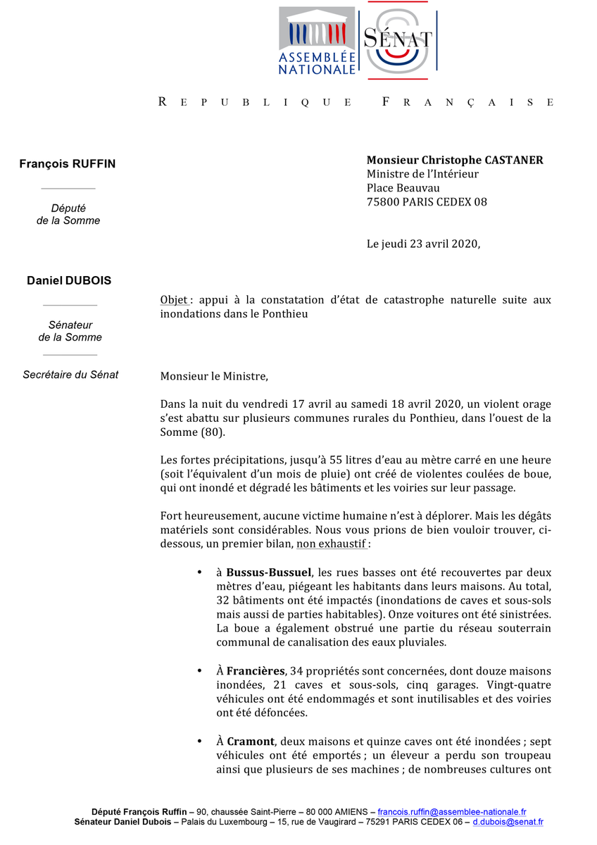 DanielDubois80's tweet photo. Avec le député de la circonscription @Francois_Ruffin, nous appuyons auprès du Ministre de l'Intérieur la demande de constatation de catastrophe naturelle des communes du #Ponthieu inondées dans la nuit du 17 au 18 avril #catnat #Bussus #Francières #Cramont #Buigny #Vauchelles https://t.co/e0IPMjOaRP