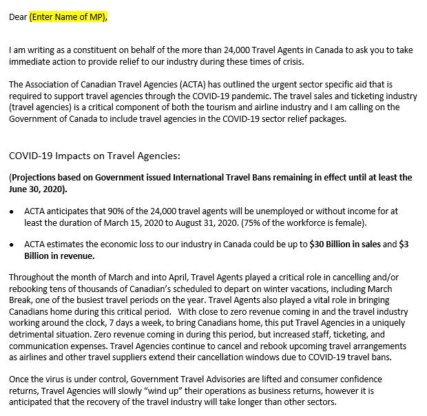 ACTACanada's tweet photo. COVID-19 will have longer term impacts on the Travel Industry and Travel Agents due to expected ongoing bans on Canadian and International travel. See ACTA’s aid package request of the Federal Government on behalf of Canada’s Travel Agency Community: https://t.co/LR09j0b88g https://t.co/W83qGjjTZh