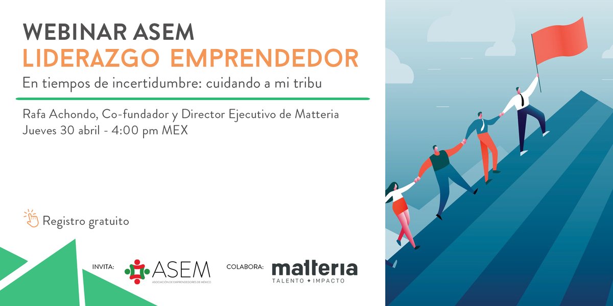 En tiempos de distanciamiento social, <a href="/matteria_/">matteria</a> matteria te compartirá algunas herramientas que te ayudarán como líder de equipo a potenciar la cultura organizacional y guiar de manera moderna y humana en momentos de trabajo remoto". 

Registro gratuito: bit.ly/ASEM-Matteria