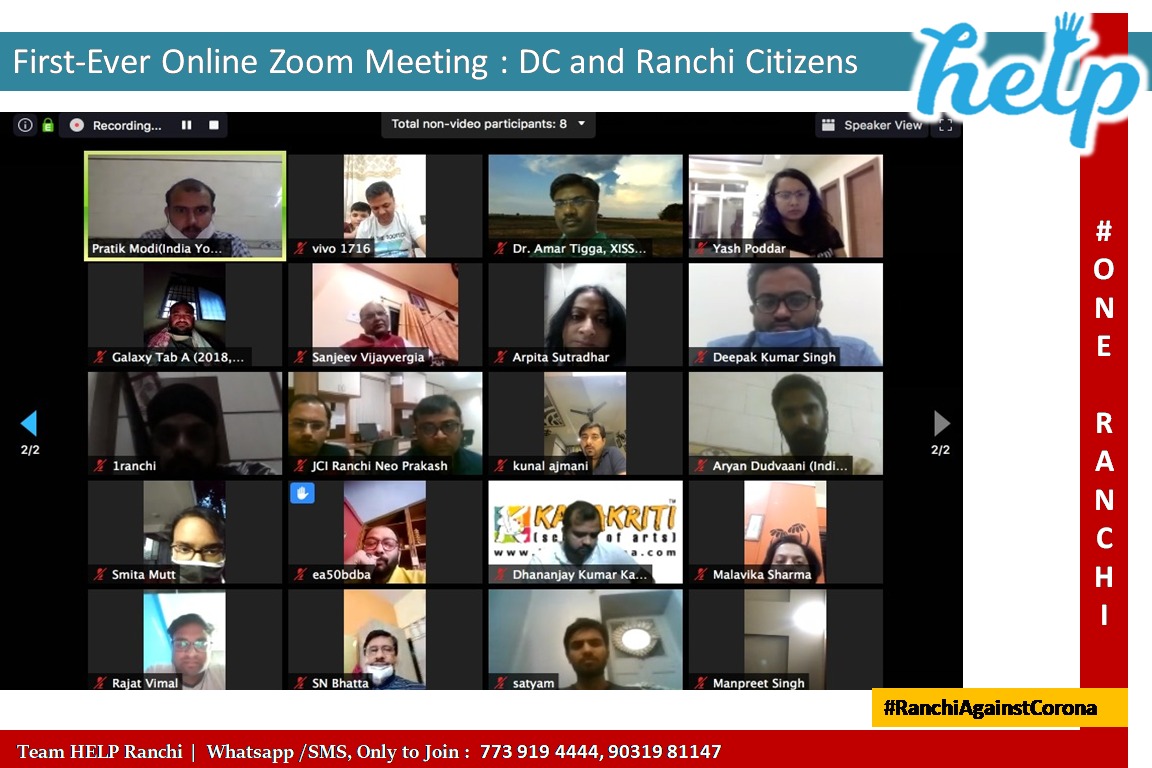 DC_Ranchi's tweet image. Addressed the representatives of organisations who are a part of #TeamHELP #Ranchi through Zoom VC. Thanked them for their efforts, discussed the challenges &amp;amp; the way forward.
#RanchiCares
#TeamHELPRanchi
#RanchiFightsCorona

@HemantSorenJMM 
@JharkhandCMO 
@MVRaoIPS