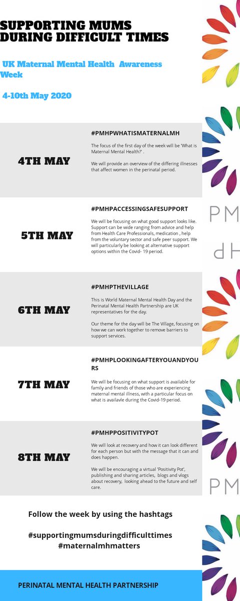 PMHPUK's tweet photo. SUPPORTING MUMS DURING DIFFICULT TIMES- UK Maternal Mental Health Awareness Week 4- 10th May 2020.

We are proud to announce our daily themes. Note on 9th and 10th May we will be resharing content from the week.

#supportingmumsduringdifficulttimes
#maternalmhmatters https://t.co/jxS0waui7I