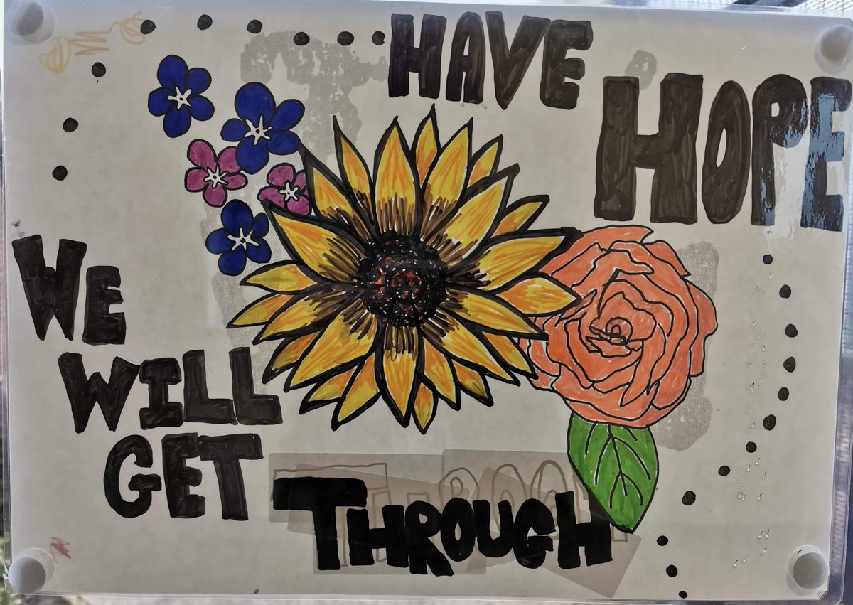 TEWV's tweet photo. A patient who’s being discharged from Lanchester Road  Hospital, Durham this week is leaving a gorgeous gallery of artworks to continue to brighten the days for other patients and staff. What an artistic talent, and great advice for everyone just now too. 💙 https://t.co/nHr54M9f1n