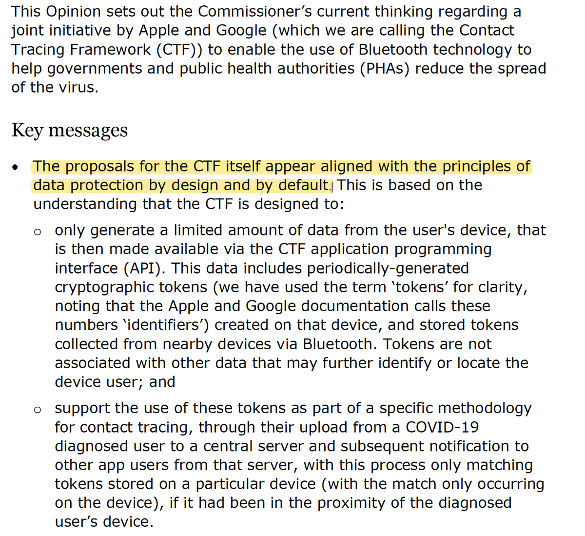 Here is an Information Commissioner preliminary opinion on the contact tracing framework. Really interesting as it gives detail on how the privacy settings will work using 'cryptographic tokens' which will not reveal personal data  https://ico.org.uk/media/about-the-ico/documents/2617653/apple-google-api-opinion-final-april-2020.pdf /111