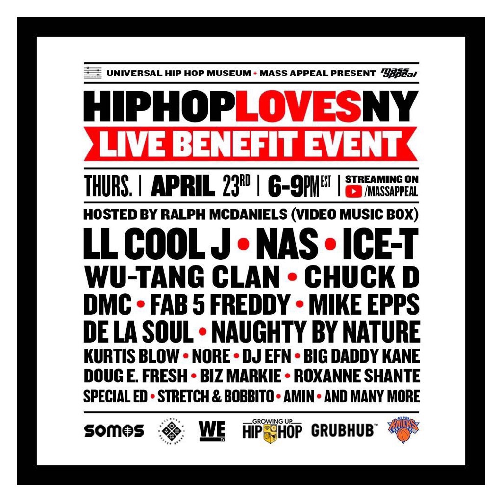 𝗛𝗜𝗣 𝗛𝗢𝗣 𝗟𝗢𝗩𝗘𝗦 𝗡𝗘𝗪 𝗬𝗢𝗥𝗞 TODAY🚨April 23rd 6PM - 9PM EST. Featuring the biggest names in Hip Hop to support to our New York City Healthcare Workers. Streaming Live @ YouTube.com/MassAppeal & simulcast on all UHHM socials @uhhmuseum