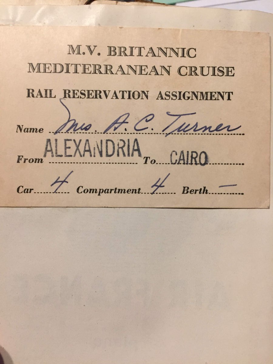 What about the M. V. Brittanic? It was the most profitable ship in the Cunard line. In 1953 it had some engine trouble so apparently it couldn't go all the way from NYC to Alex, but maybe people joined it in London? I'm not sure. Here's Turner's TICKET from the boat to the train.