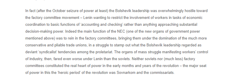on the disempowering of the worker soviets and empowering of the executive arm (sovnarkom and the commissariats, many of whom were directly imported from the tsarist compromise government) under the bolsheviks