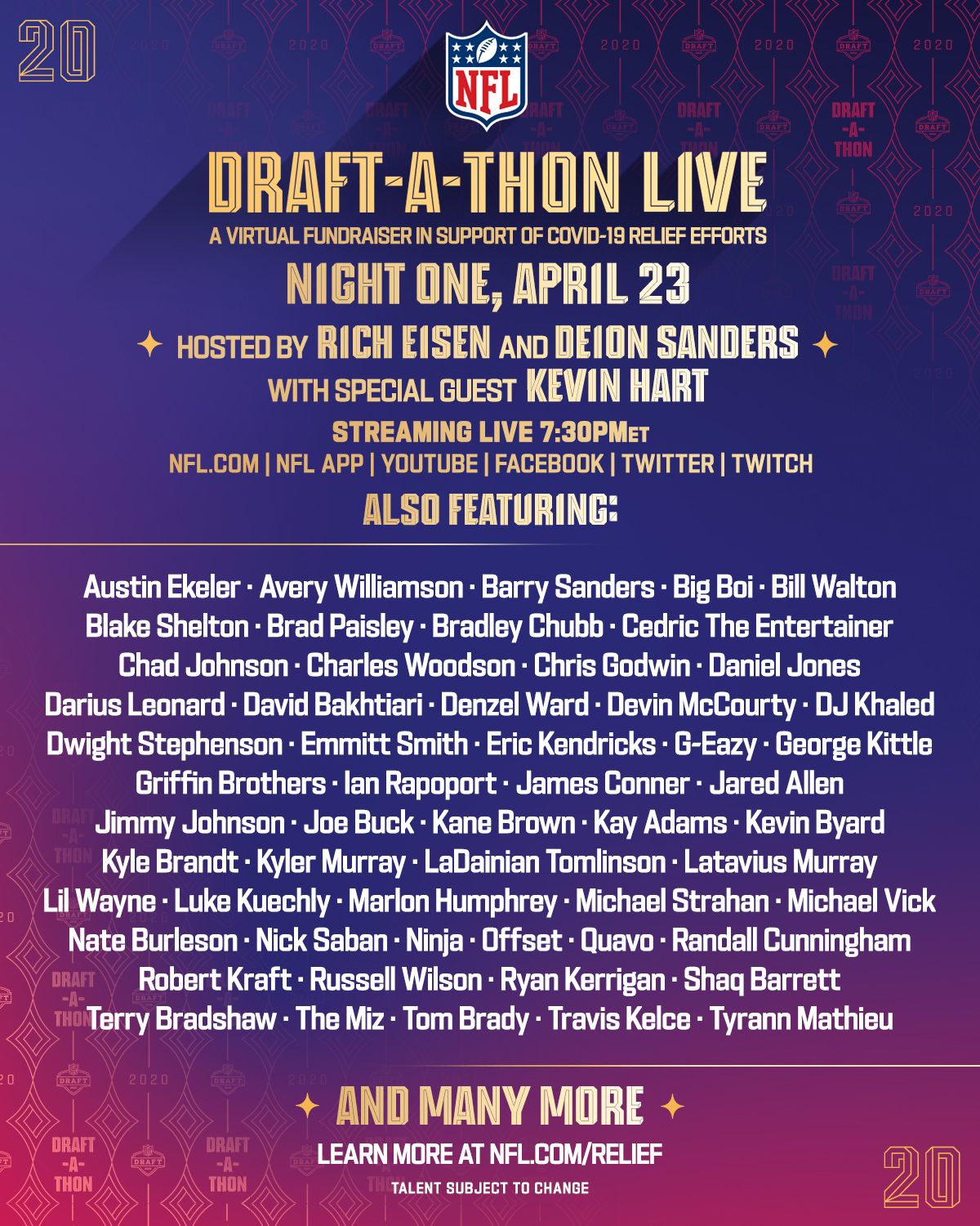 Nfl The Draft A Thon Live Stream Starts Tonight At 7 30pm Et On Nfl Facebook Twitter Youtube Twitch T Co Tauzhhpgvh And Nfl App Draftathon Is Virtual Fundraiser To Raise Awareness And Donations