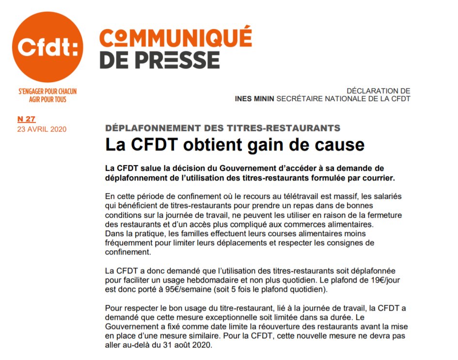 CFDT's tweet photo. || COMMUNIQUE DE PRESSE || La @CFDT salue la décision du @gouvernementFR d’accéder à sa demande de
déplafonnement de l’utilisation des titres-restaurants 

https://t.co/I85bay0t1u https://t.co/KmKVKkMgIM