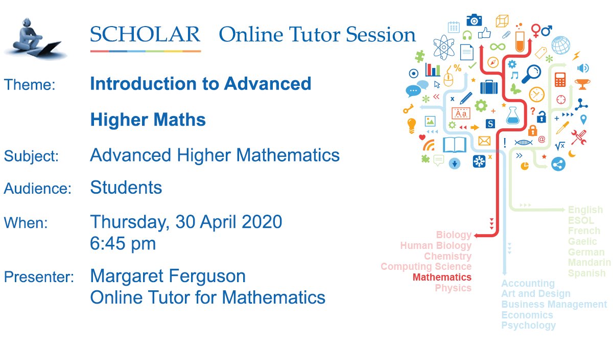 ScholarUK's tweet photo. Moving on to Advanced Higher Maths?
Join us today at 6:45 pm, Thursday 30 April
https://t.co/tPTruMYOlr
#AdvancedHigherMaths #supportingyourlearning https://t.co/b6us8uBC98