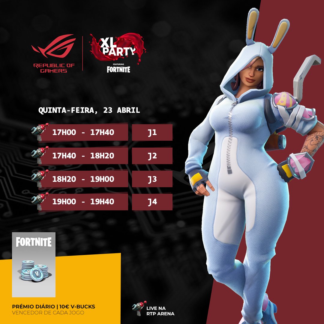 Dentro de 10 minutos inicia o quarto dia da <a href="/asusrogpt/">asusrogpt</a> XLParty com mais um dia de inscrições esgotadas!! Hoje contamos com transmissão na <a href="/rtparena/">RTP Arena</a> na companhia dos comentadores @FTW_TugaTV e @o7foo !!

📺 twitch.tv/rtparena

#XLParty