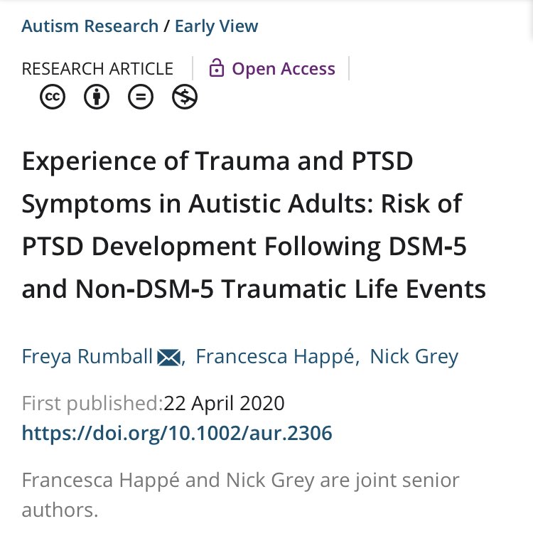 New paper on  #Autism & PTSD symptoms, shows many experiences that autistic folk find traumatic are not recognised in DSM-5 PTSD criteria. These experiences are just as likely to lead to high PTSD symptoms. Change needed so no autistic person is denied PTSD DX and treatment! 1/2