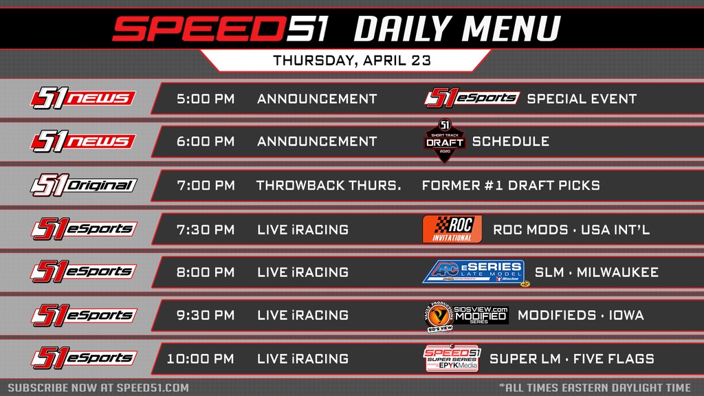 RacingAmerica's tweet image. 🍽️ Speed51 Daily Menu 🍽️

📢: Announcement - @iRacing Special Event

1️⃣: Throwback Interview - 2017 #ShortTrackDraft No. 1 Pick @ToddGilliland_ 

🏎️: Live @iRacing - @RoCModSeries, @UnitedLMSeries, @EW_Modifieds &amp;amp; @sarasimracing 

speed51.com