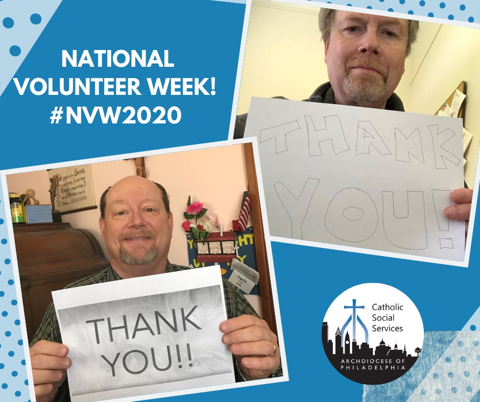 CCharitiesPhila's tweet photo. On this #ThankfulThursday during #NationalVolunteerWeek, Mr. Ed Lis, Director of Catholic Mission Integration & Dr. Jim Black, Director of CSS Community-Based Youth Services say, "THANK YOU!" to our dedicated volunteers who assist us in our mission of #ProvidingHelpCreatingHope. https://t.co/r0IjCNFpN4