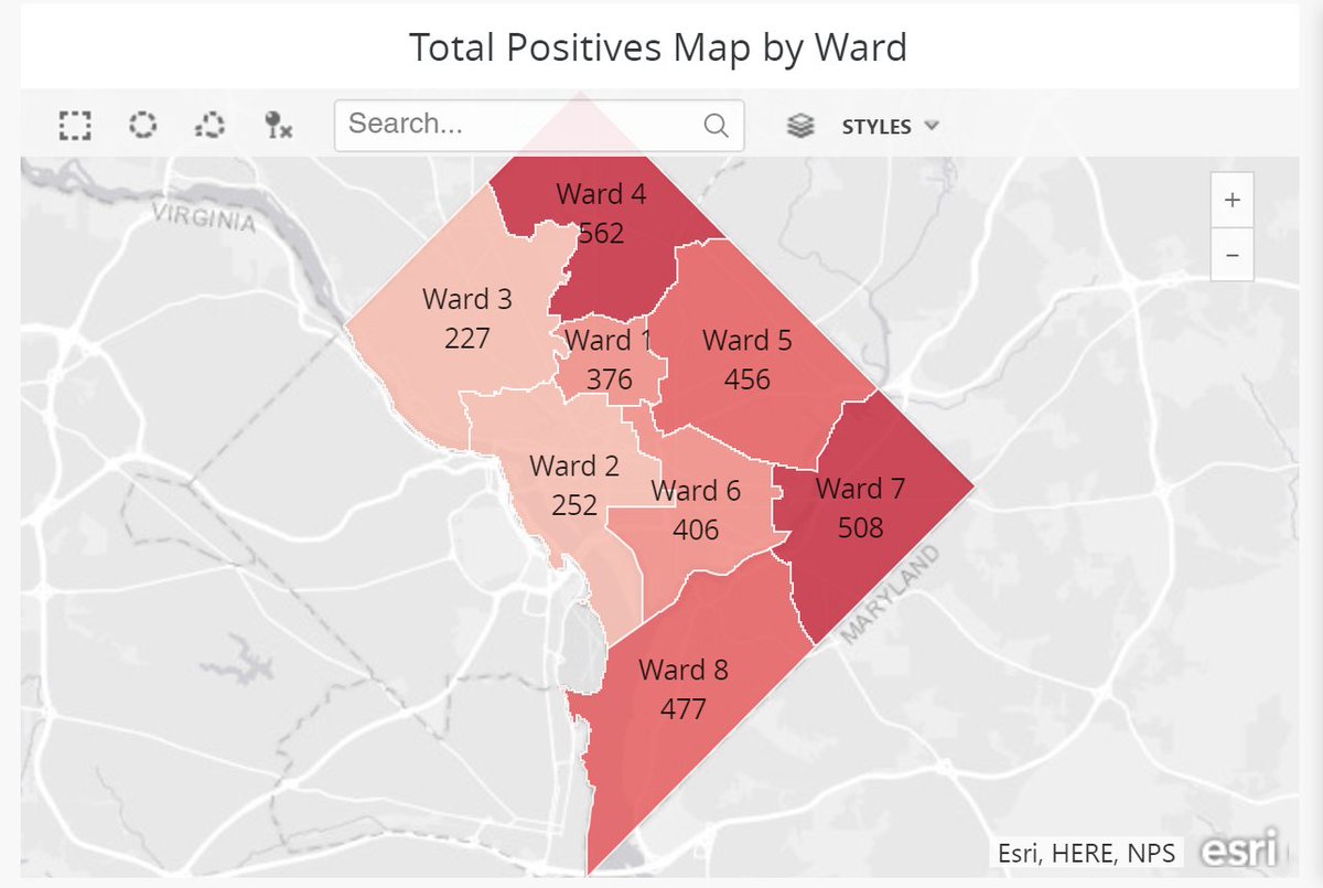 Illustration map of DC eight ward positive coronavirus cases. Ward 1 has 376 cases, ward 2 has 252 cases, ward 3 has 227 cases, ward 4 has 562 cases, ward 5 has 456 cases, ward  6 has 406 cases, ward 7 has 508 cases and ward 8 has 477 cases.